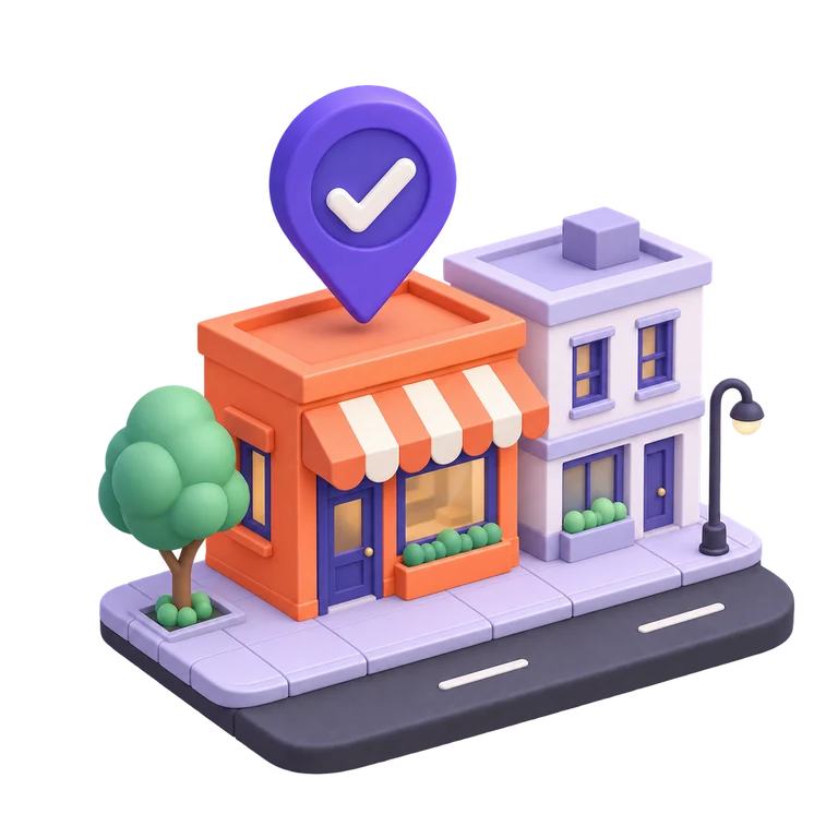 Ilustração 3D de uma loja de esquina marcada com um pino de localização