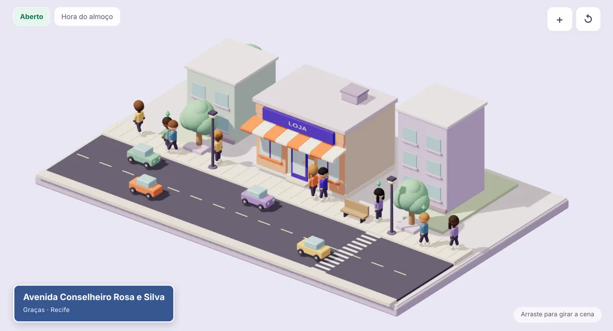 Rua em 3D com uma loja, pedestres, carros e a receita estimada do dia